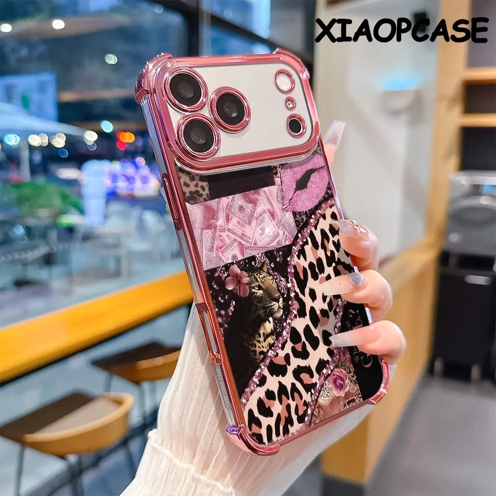Customizable Pink Leopard Print & Red Lips TPU Silicone iPhone Case - Transparent Soft Back Cover, 360-degree Shockproof Protection, Anti-Drop Corners, Full Camera Shield for iPhone 17,16,16e,15,14,13,12,11 Pro Max Air Plus (Multiple Sizes), Iphone16