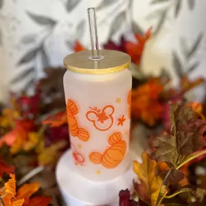 Fall Mouse Ears Glass Glass Sipper with bamboo lid and straw Drinkware