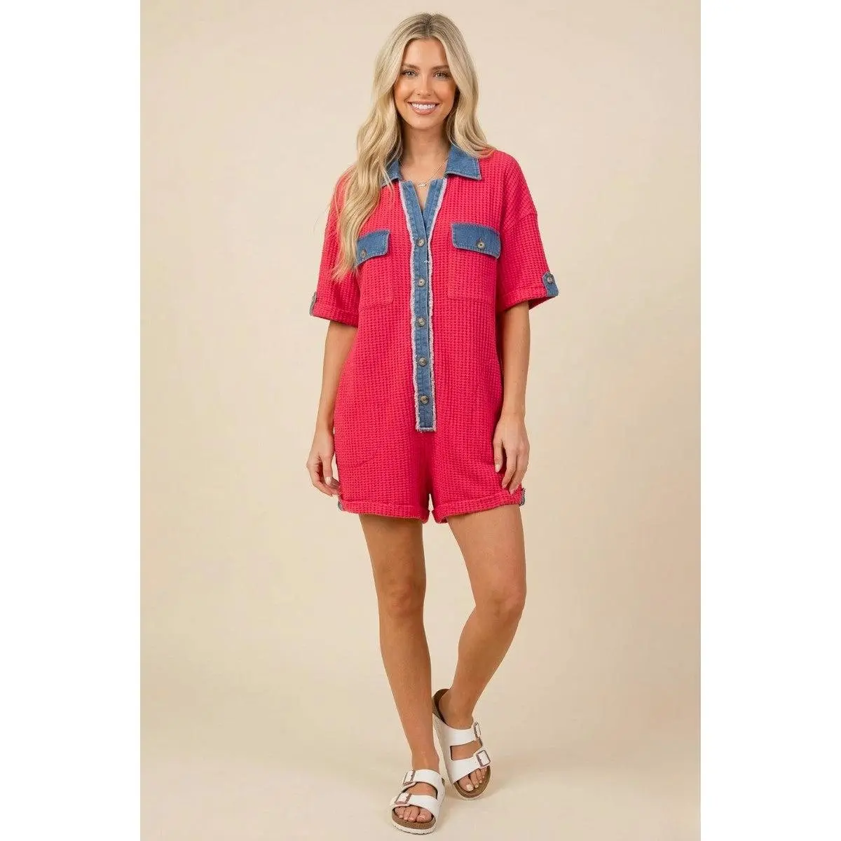 Retro-Remix Waffle Romper Washed Red