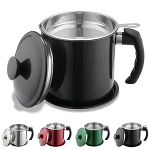 Black Bacon Grease Container With Strainer, 48 oz Black Coating Stainless Steel Oil Container, Pot Fat Storage With Lid, Easy Grip Handle Suitable For Storing Frying Oil And Cooking Grease