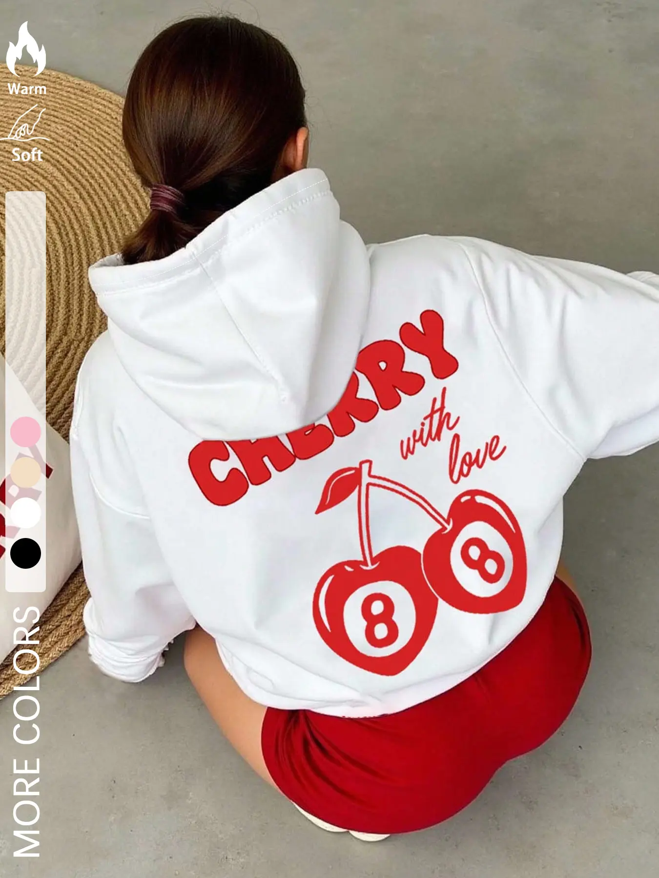 Women's Cherry Letter Print & Figure Print Adjustable Drawstring Fitted Hoodie, Graphic Hoodies, Casual Long Sleeve Hooded Sweatshirt for Fall & Winter, Women's Clothes for Daily Wear, Womenswear, Tops