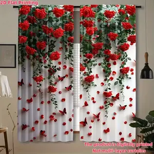 Elegant Rose Print Curtain Rod Set, Fashionable Floral Design Curtains, Window Curtain, Window Hanging, 2 Piece Set, Stylish Home Decor, Perfect for Living Room