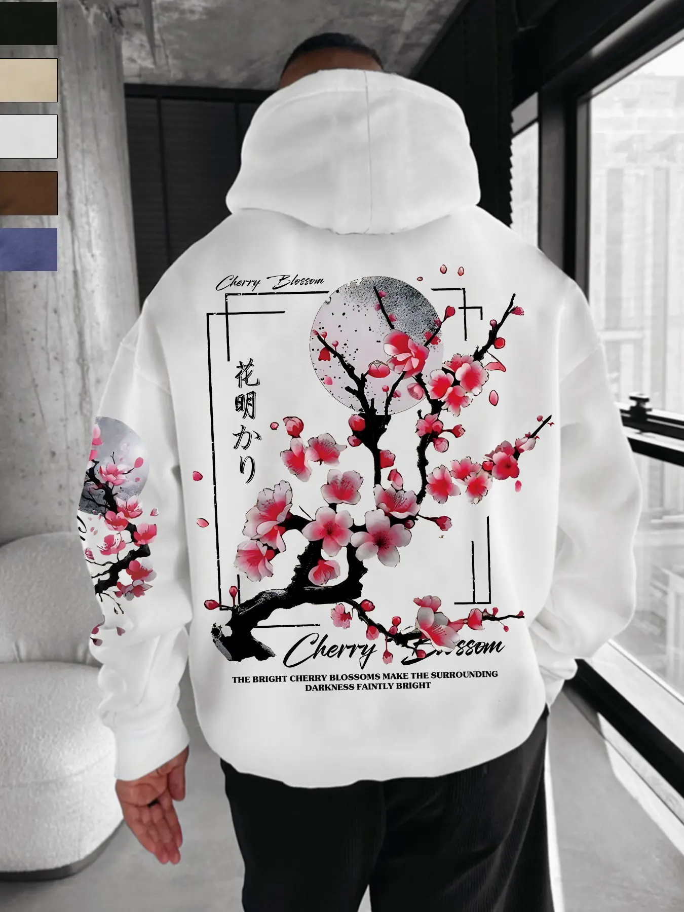 Hoodie with Japanese Cherry Blossom Floral Design, Fitted, Unique Artistic Style, Easy to Create Eye-Catching, Trendy Casual Wear, Long Sleeve Sweatshirts