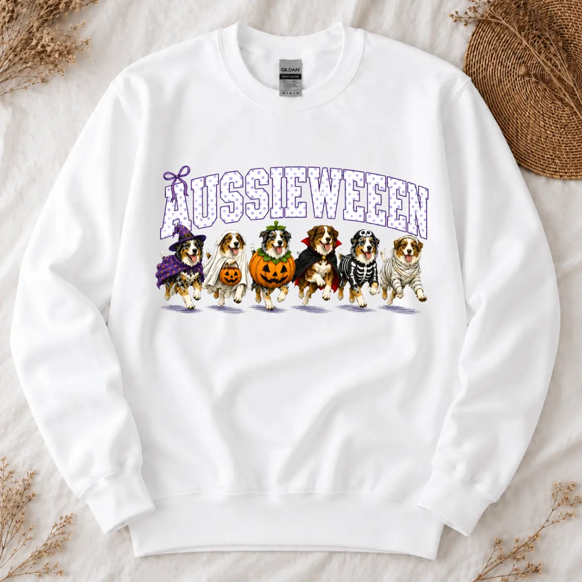 Aussieween Sweatshirt, Australian Shepherd Halloween Tee, Aussie Dog Halloween Shirt, Cute Fall Graphic T-Shirt, Spooky Season Apparel, Dog Mom Gift, Halloween Gift for Aussie Lovers, Cozy Autumn Outfit - Trend Cotton Shop