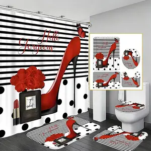 Luxury Audrey Style Shower Curtain Set, Polka Dot Stripe High Heel Print Waterproof, Non-Slip Absorbent Mat Toilet Lid U-Shaped Pad