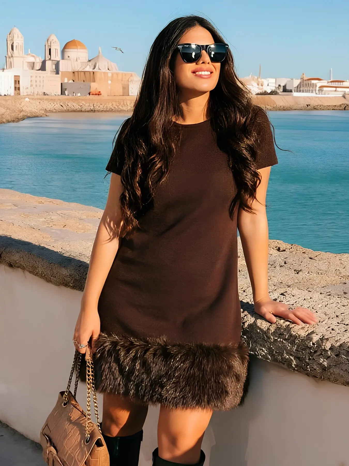 Women's Faux Fur Dress Short Sleeve Knitted Womens Dresses Elegant Mini Brown Dress Woman Round Neck Fitted Short Dresses For Women Cozy Party Dresses