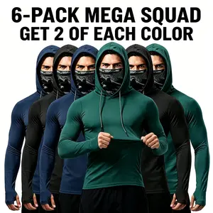 6/3 Pack Men's Sun Protection Long Sleeve Hooded Shirts, 4-Way Stretch Quick Dry Compression Work Shirt with Built-in Face Mask & Neck Gaiter, UV Protection for Fishing Cycling Gardening Outdoor Work