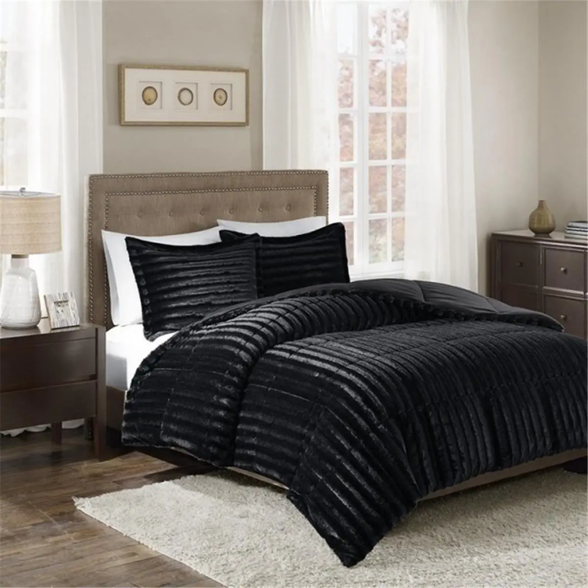212 MAIN Duke Synthetic Fur King Size Decorative Bedding Set - Black, Glamorous Soft-Texture Pet Bedding for Reptile & Amphibian Habitat Decor