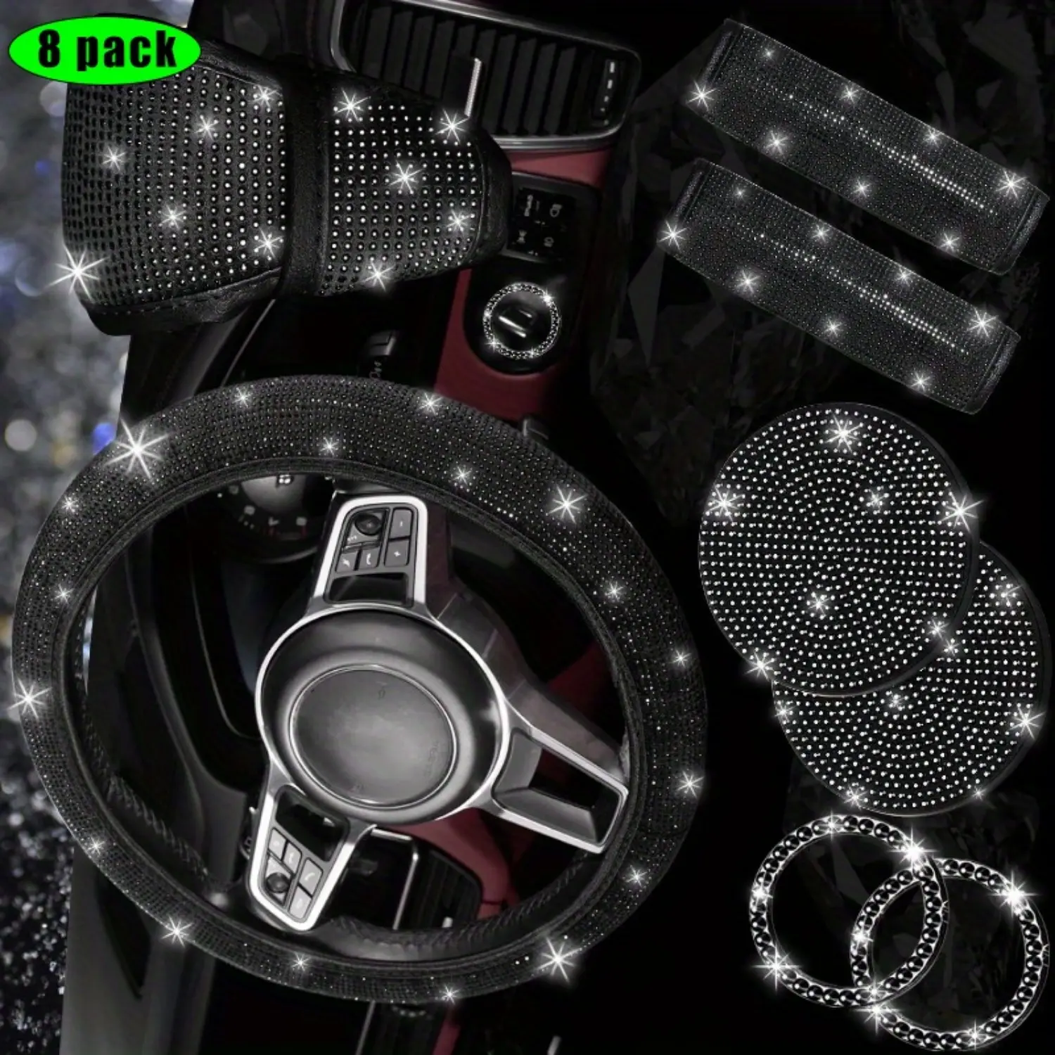 8PCs Black Bling Car Cover Accessories Set for Women, Bling Steering Wheel Covers, Sparkly Seat Belt Covers, Bling Gear Shift Cover, Universal Fit Most Cars bling car accessory Led Lights Decoration for suv car interior decoration kit