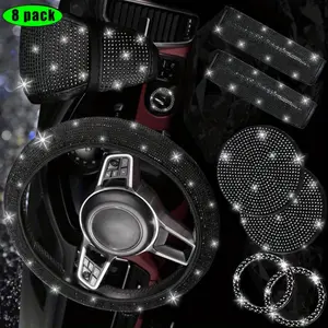 8PCs Black Bling Car Cover Accessories Set for Women, Bling Steering Wheel Covers, Sparkly Seat Belt Covers, Bling Gear Shift Cover, Universal Fit Most Cars bling car accessory Led Lights Decoration for suv car interior decoration kit