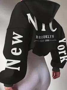 Women's Dropped Shoulder Loose Long Sleeve Hoodie with Letter Print, Casual Fashion Drawstring Pocket Graphic Sweatshirt for Daily Wear, Fall & Winter Clothing, Tops