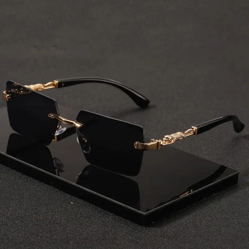 Trendy Vintage Rimless Rectangle Sunglasses for Men-Women - Luxury Gold Accents, Compact Square Shades, UV400 Protection, Lightweight Durable Eyewear, Waterproof LED Headlight, Glowing Pumpkin Skull Party Rings, Colorful Glow (for Beach, Travel), Trendy V