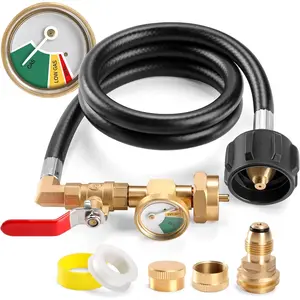 Propane Refill Adapter Hose 3 FT, Propane Refill Adapter for 1 lb. Tanks (QCC1/Type1 Inlet) with POL to QCC1 Propane Tank Adapter, Pressure Gauge, Valve, Caps, for Refilling from 20lb Cylinder