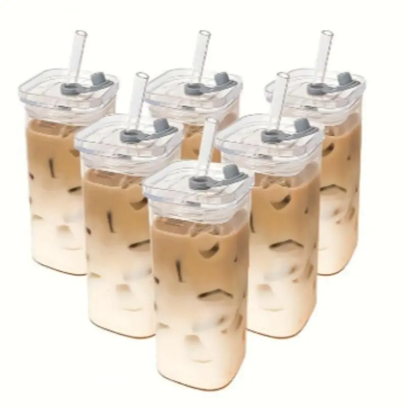 Square Coffee Cup Set with Lid and Straw, Transparent Rock Glass, Simple Design Drinkware for Milk Tea & Juice Drinks, Ideal for Festivals & Christmas