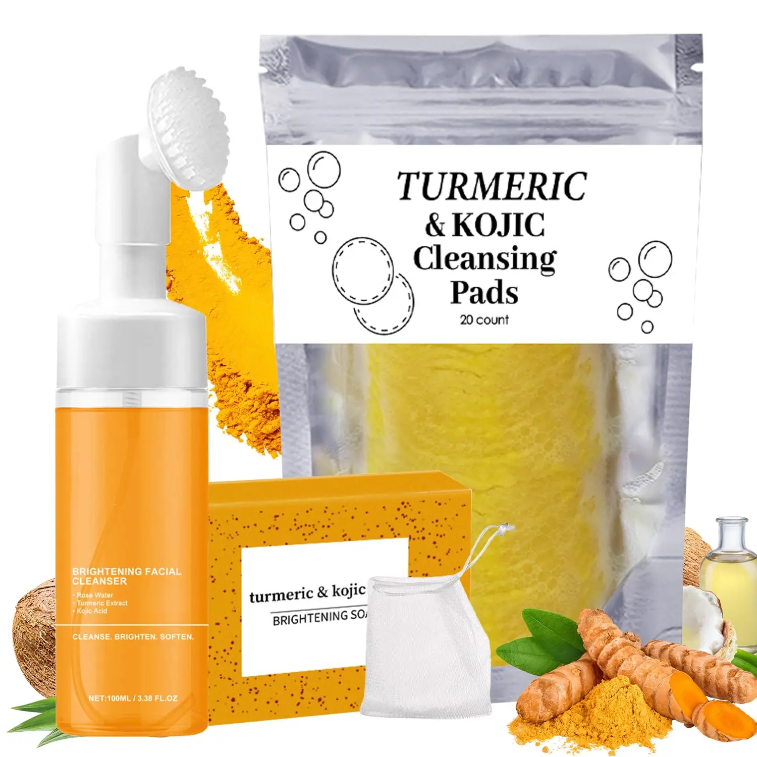 turmeric soap Turmeric Wash and Care Three Piece Set,Tuemeric Facial Cleanser & Turmeric Soap Bar & Turmeric Face Scrub Pads,Turmeric Cleansing Skincare Set for Face & Body, Deep Cleansing