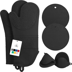 6 count Oven Mitts and Pot Holders Sets Heat Resistant 500 Degrees, Extra Long and Non-Slip  Oven Gloves Potholders Hot Pads for Kitchen Baking Cooking, Quilted Liner, Black