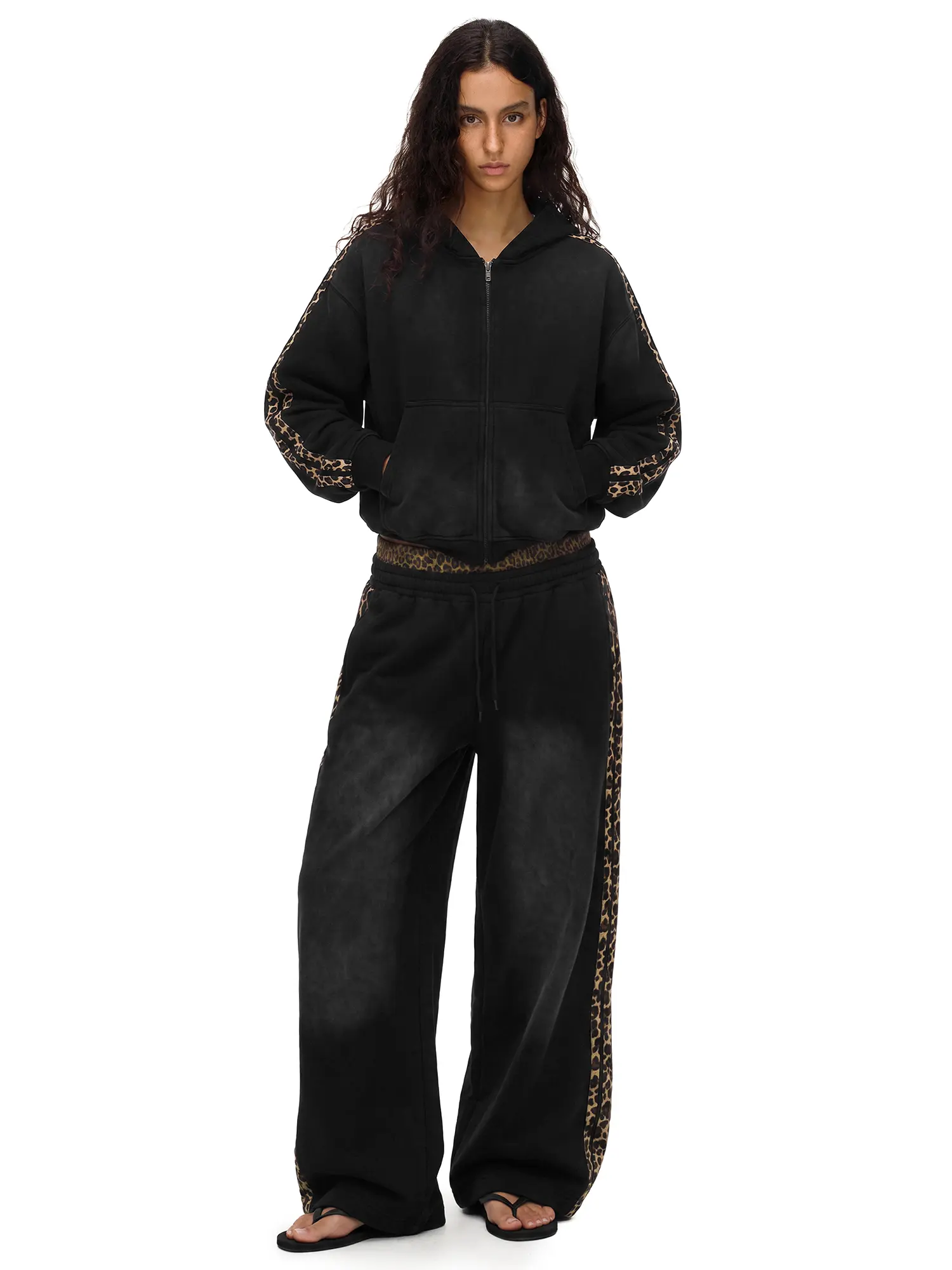 FDR Washed Leopard Tape Hoodie and Double Waist Sweatpants Set Vintage Streetwear Oversized Matching Outfit Unisex#TikTokShopBackToSchool