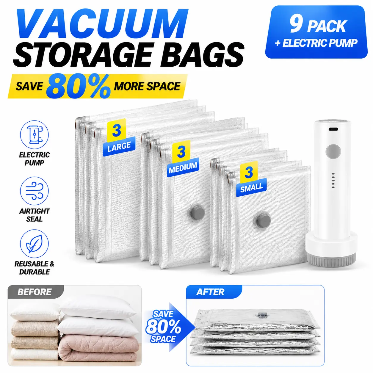 Travel vacuum bag with rechargeable electric pump, compression storage bag, space-saving sealed bag for vacation cruise heavy-duty packing camp home travel attic moving size compression packing bag carry-on luggage