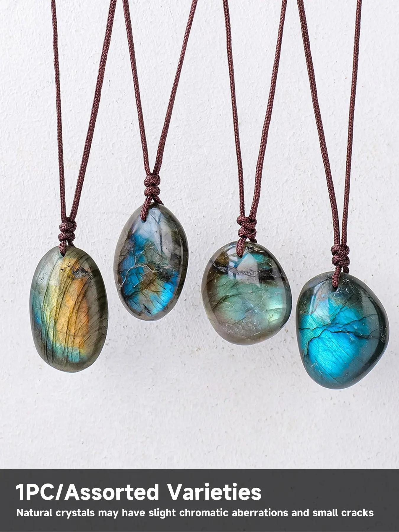 High-Quality Natural Crystal Labradorite Pendant Necklace, Adjustable Ribbon, Bohemian Style Jewelry, Unisex, Unique Crystal Gift