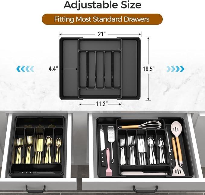 Extra Large Expandable Silverware Organizer – Adjustable Cutlery & Utensil Drawer Organizer, BPA-Free Food Safe Flatware Tray for Spoons, Forks & Knives (Black)