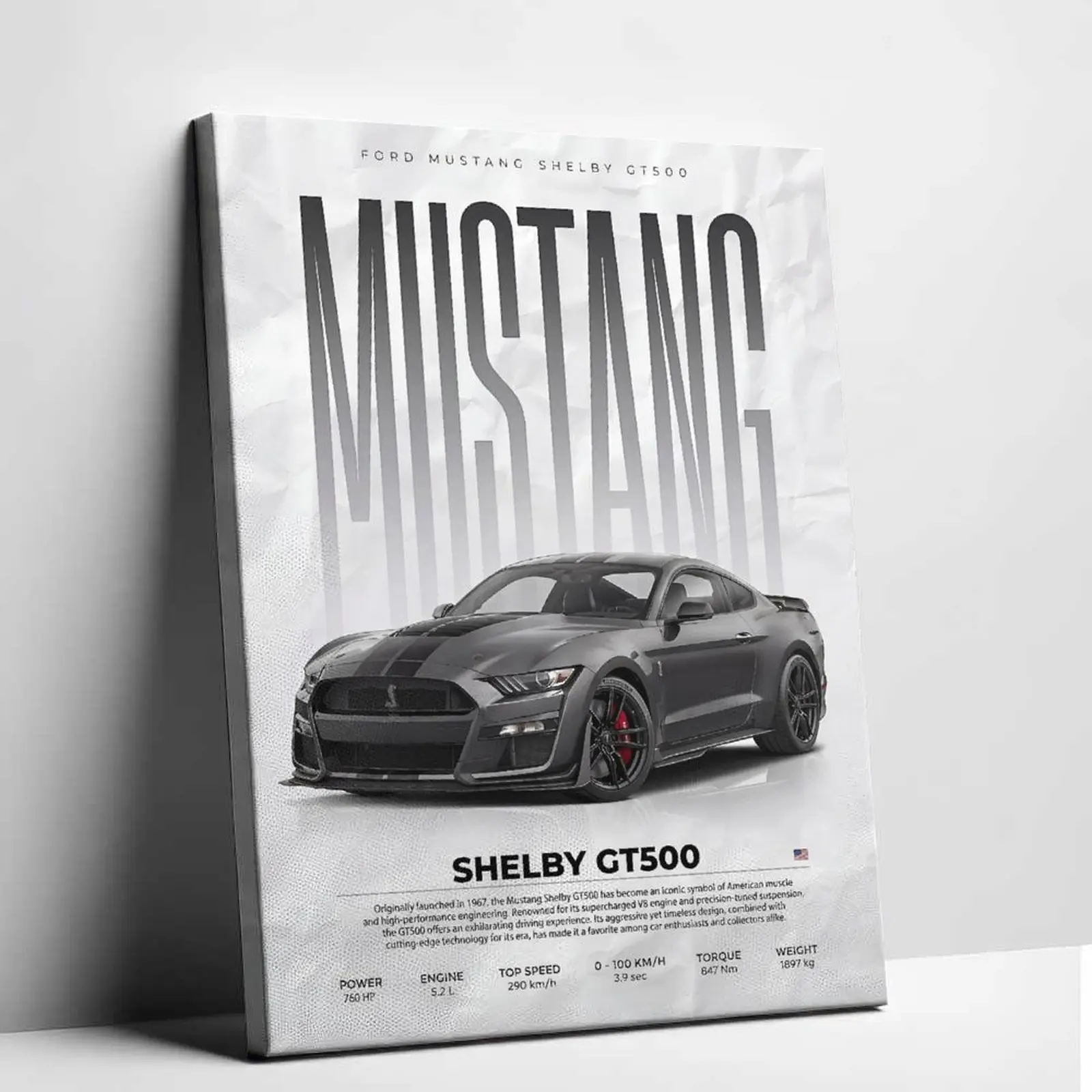 American Muscle  Mustang Shelby GT500 Canvas   Retro Supercar Poster Automotive Picture Print Aesthetic Room Decor for Bedroom Garage Man Cave  Decoration Modern Cool   Print