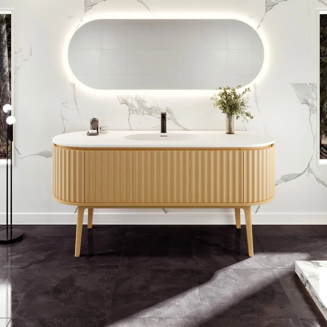Haven 64 in. Natural Oak Freestanding Single Sink Bath Vanity with Solid Surface Top and Integrated Sink