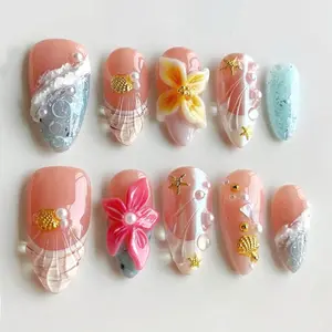 Aura Nails - Tropical Beachy Press On Nails, Summer Ocean Nails, 3D Flower Art, Seashell Nail Set, Beach Vibes, Mermaid Inspired
