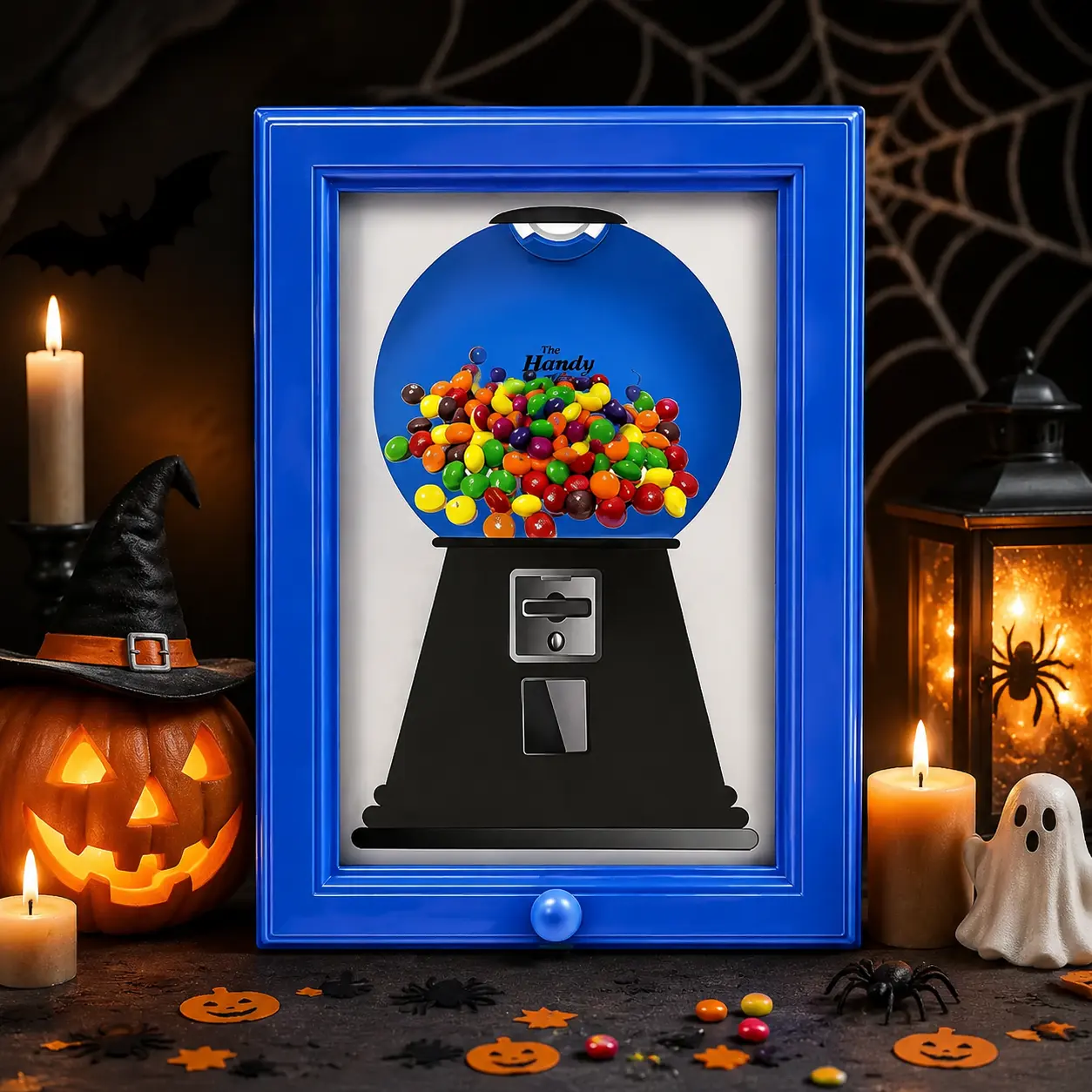 Transparent HandyGumball Christmas Candy Dispenser Picture Frame, Vintage Wall Hanging-Tabletop Home Decor, Fun Candy Machine for Kitchen, Holiday Gift