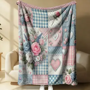 Rose and Heart Lace Sweet, Pastoral Style Floral Print Flannel Throw Blanket.Made of Soft Flannel Material, Suitable for Home Decoration, Camping, and Travel. Vibrant Patterns Decorative Blanket with Lively and Enjoyable Design