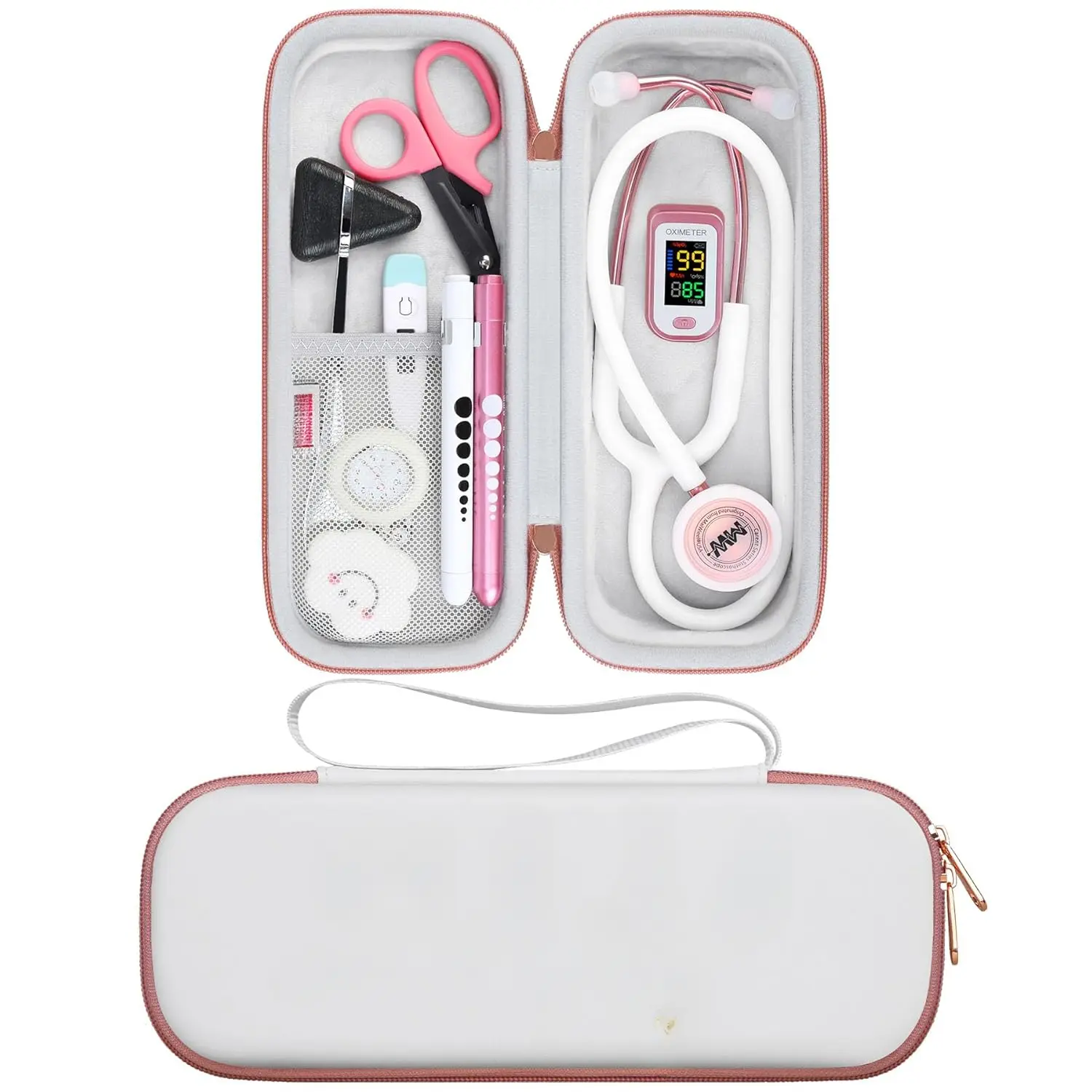 Stethoscope Case Bag for 3M Littmann Classic III, Lightweight II S.E, Cardiology IV, MDF Acoustica Lightweight Stethoscopes - Extra Pocket fits Nurse Accessories for Work, White Rosegold