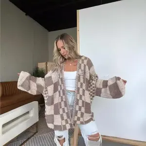 Women'S Casual Plaid Mid-Length Cardigan Knit Sweater Jacket Knitwear Pink（gift）