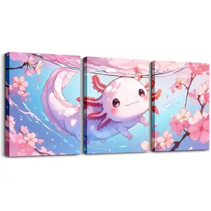Cute Axolotl Picture Wall Decor,Ocean Canvas Wall Art,Kawaii Sealife Wall Painting,Posters and Prints Cherry Blossoms Wall Art 12"x16"x 3Pcs Pink Gift