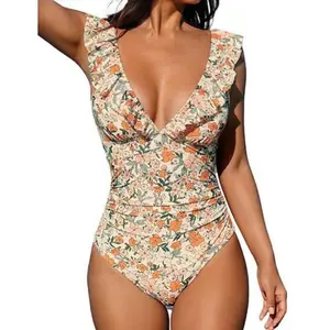 Women's Ruffled One Piece Swimsuit Dress Sexy Floral Print Tummy Control Bathing Suit Slimming Deep V Neck One Piece Swimwear Back Tie Bikini Swimdress Summer Beach Swimsuits