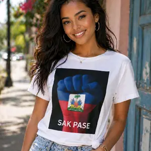 Men's Classic Soft Cotton Round Neck Short-Sleeve T-Shirt - Lightweight, Breathable Ribbed Fabric, 1-Piece, Comfortable, Haitian Flag Fist Print, Sak Pase Creole Slogan, Haiti Pride Everyday Menswear
