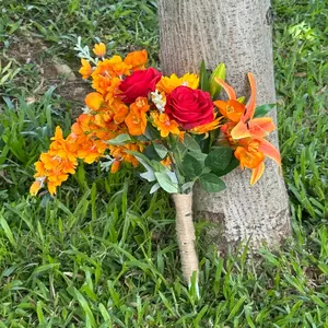 Orange Artificial Bridal Bouquet Autumn Wedding Flowers with Lilies Silk Flowers Fall Wedding Decor Real Touch Faux Flowers Rustic Boho Bouquet Thanksgiving Centerpiece