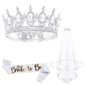 3-Piece Bridal Set: Net Veil, Bride Belt, Crown, Perfect for Wedding Photography Props, Bachelorette Party Essentials, Includes Veil and Belt