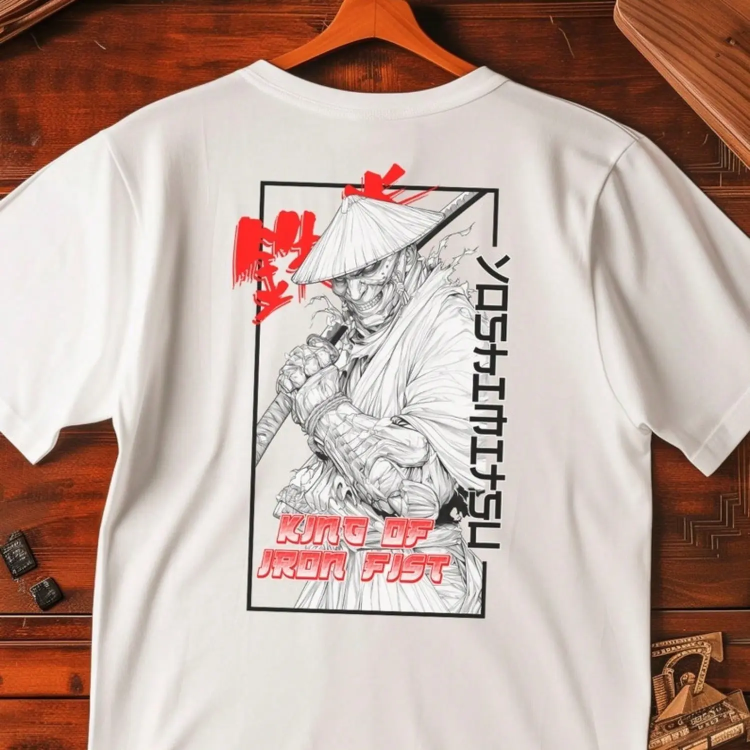 White Yoshimitsus Tekkens King of Iron Fist Japanese Samurai Art On Back Graphic TShirt for Men Women Unisex Streetwear Short Sleeve Top