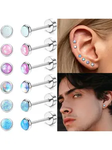 6 Pairs G23 Titanium Flat Back Stud Earrings Set for Women Men 2/4mm Opal CZ Ball Cartilage Tragus Flatback Earrings Piercing Jewelry Hypoallergenic Post Earrings