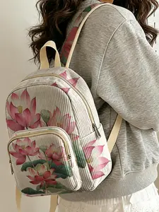 1 piece of pink lotus pattern 2D printed lady's backpack, velvet texture + layered storage + light weight reduction | perfect for students to go to class/shopping/short trips | combines atmosphere with practicality