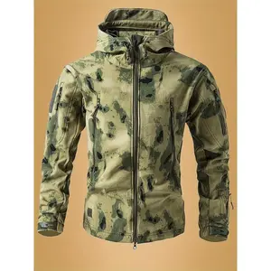Men's Camouflage Print Softshell Jacket, Multi-Pocket Hooded Coat, Windproof Outdoor Jacket For Hiking And Camping