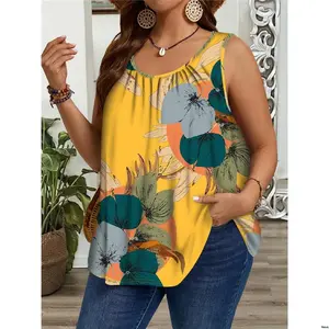 Tank EMERY ROSE Plus Size Vacation Print Casual Wide Strap Ruched Loose Top Suitable For Spring Summer