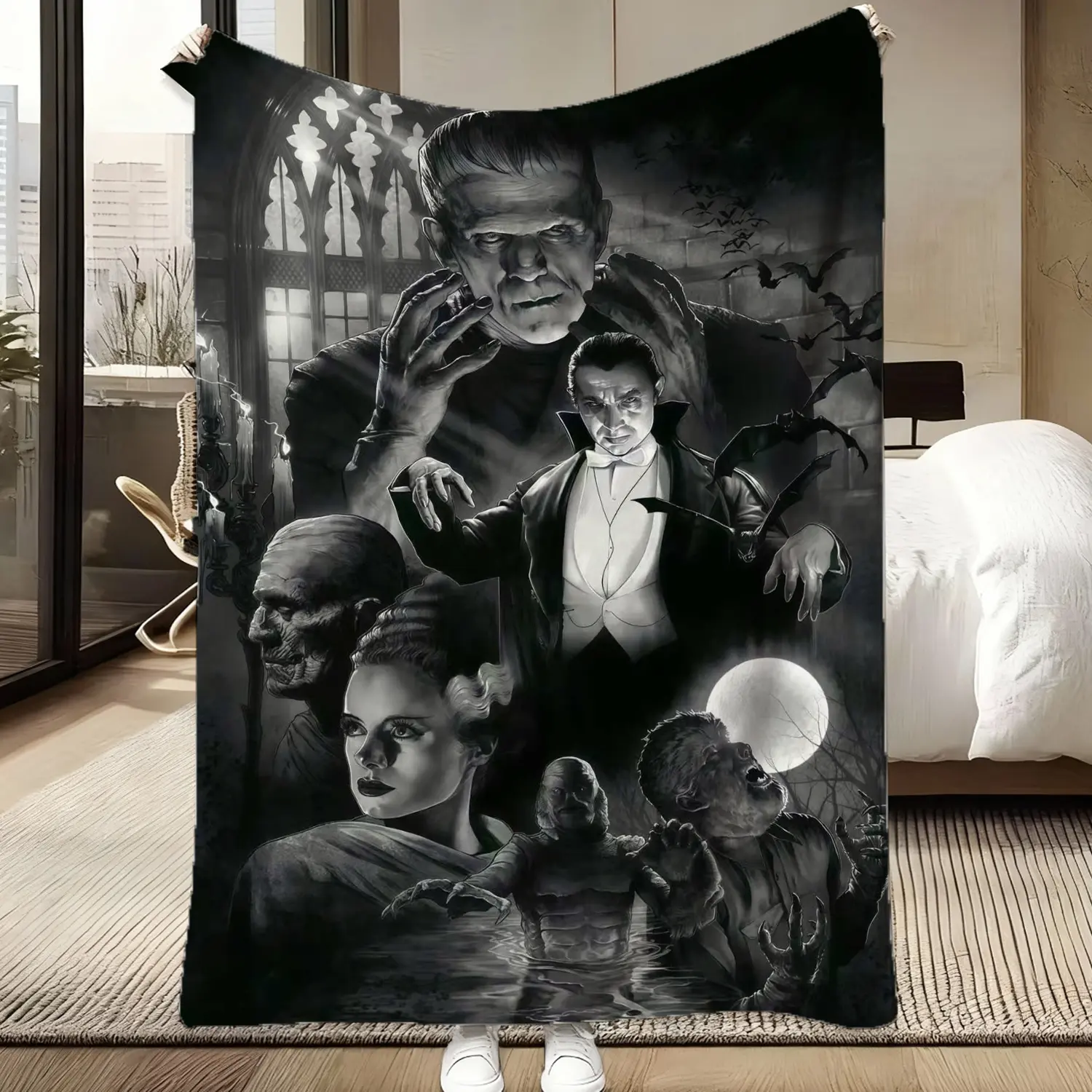 Universal Monsters Decorative Cozy Warm Blanket - Frankenstein, Dracula, Bride of Frankenstein Horror Throw, Super Soft, Retro Horror Vibes for Halloween Decor, Movie Nights, Decorative Blanket