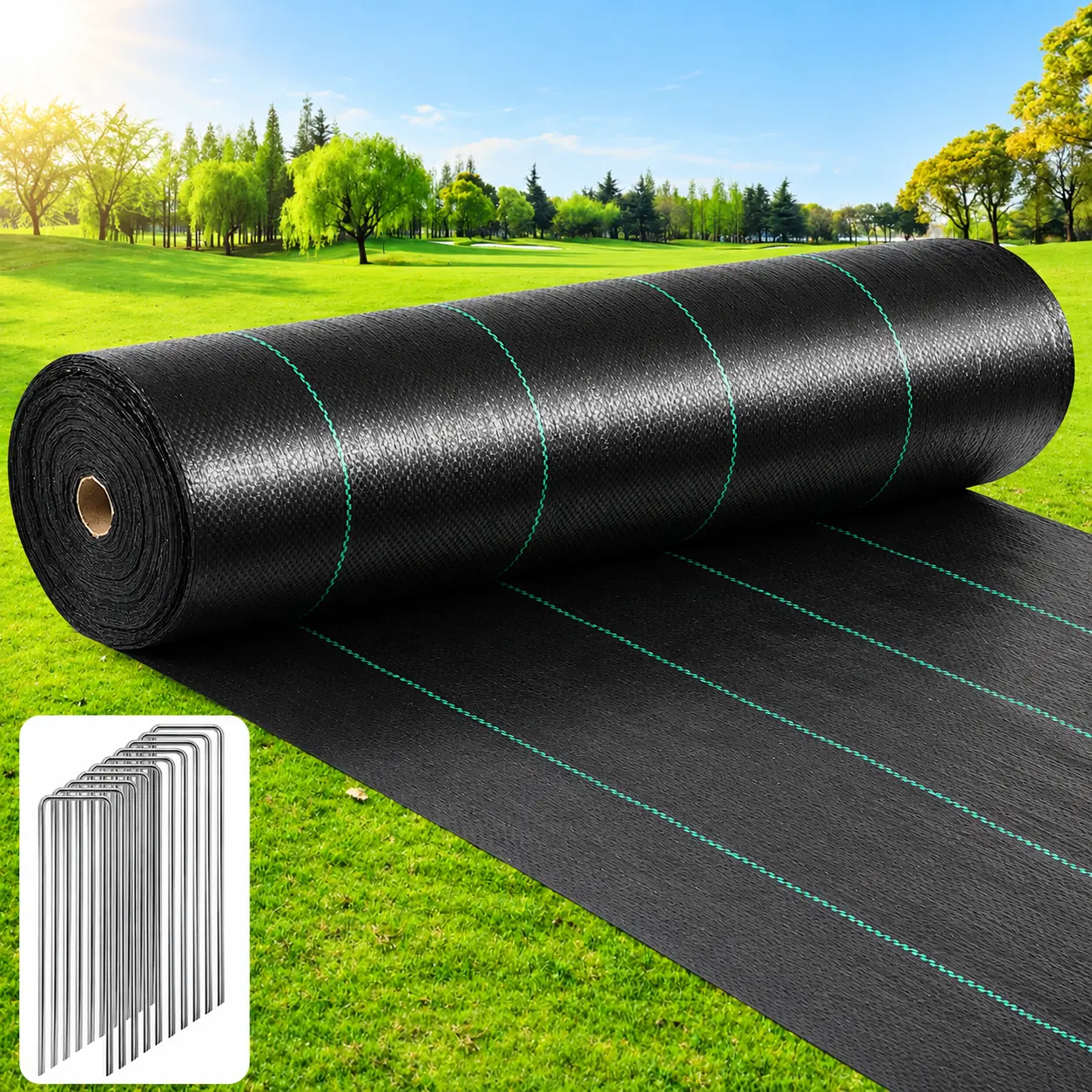 6x300ft Heavy Duty Weed Barrier Fabric with 60 Pegs – 3.2oz UV-Resistant Permeable Ground Cover with Cut Lines for Garden, Yard & Farm