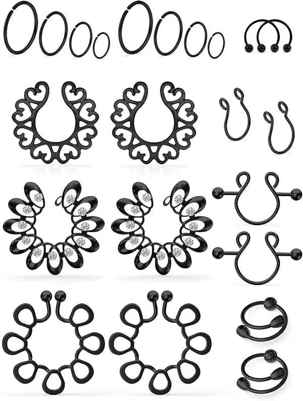 SCERRING Unisex Stainless Steel Clip-On Fake Nipple Rings, Non-Piercing Faux Body Piercing Jewelry (11 Pairs)