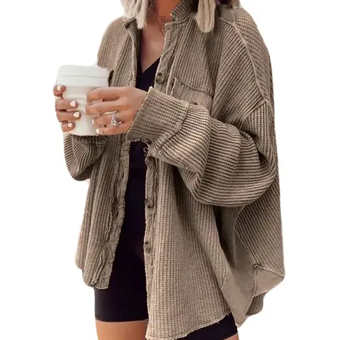 Ebossy Women's Chic Waffle Knit Long Batwing Sleeve Splicing Cardigan - Button Front, Lightweight Fabric Open Button-Front Casual Jacket Outerwear Tops Womenswear