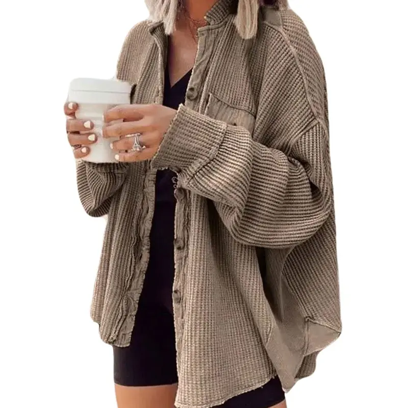 Ebossy Women's Chic Waffle Knit Long Batwing Sleeve Splicing Cardigan - Button Front, Lightweight Fabric Open Button-Front Casual Jacket Outerwear Tops Womenswear