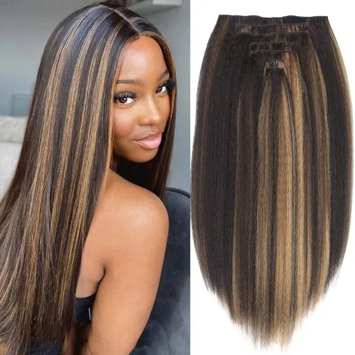 Kinky Straight Clip-In Hair Extensions - Full Head Volumizing Kit - Yaki Texture for Women - 7pcs 16Clips, Black, 18 Inch - Heat-Resistant, Natural-Looking Hair Accessories for Seamless Transformations