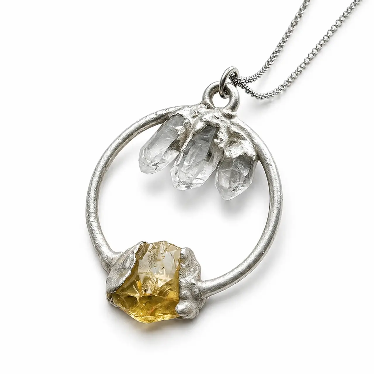 Silver Citrine & Clear Quartz Crystal Pendant Necklace Electroformed Jewelry