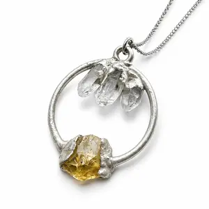 Silver Citrine & Clear Quartz Crystal Pendant Necklace Electroformed Jewelry