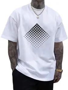 Heavy Cotton American Streetwear T-Shirt, Loose Oversize Geometric Print, Casual Fitted Long Top, H-Type Silhouette, Couple Style